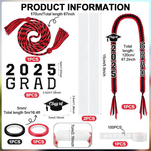 تخرج الشريط LEI فئة 2025 التخرج Leis Kit Grad Handmade Double Lovelace Netclace Honor مع Tassel و Number Patch مجموعة هدية مدرسة التخرج (Red) in Kuwait