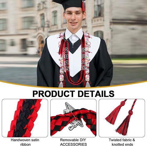 تخرج الشريط LEI فئة 2025 التخرج Leis Kit Grad Handmade Double Lovelace Netclace Honor مع Tassel و Number Patch مجموعة هدية مدرسة التخرج (Red) in Kuwait