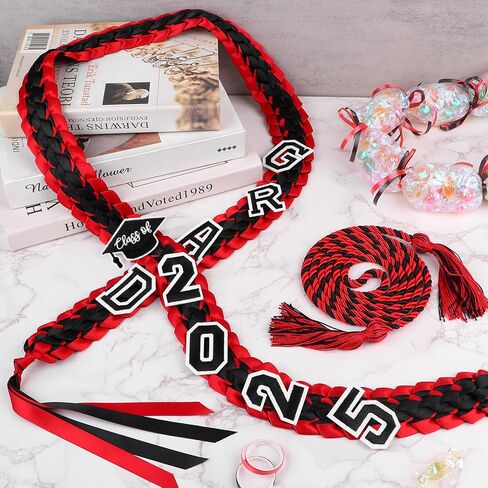 تخرج الشريط LEI فئة 2025 التخرج Leis Kit Grad Handmade Double Lovelace Netclace Honor مع Tassel و Number Patch مجموعة هدية مدرسة التخرج (Red) in Kuwait