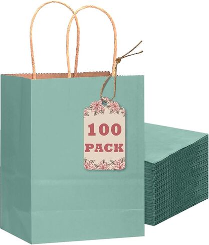 qiqee 100PCS Gift Bag with Handles Bulk Kraft Light Blue Paper Bags Multiple Uses (8.3"x3"x6"inch Small Size) in Saudi Arabia