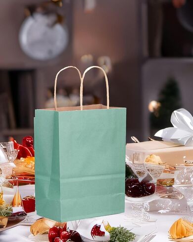 qiqee 100PCS Gift Bag with Handles Bulk Kraft Light Blue Paper Bags Multiple Uses (8.3"x3"x6"inch Small Size) in Saudi Arabia