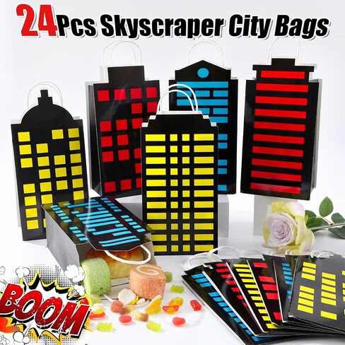 12pcs Skyscraper City Party يحملون حقائب لزخارف حزب البطل الفائقة على المدينة ، مباني أفق معالجة الأكياس. in Saudi Arabia