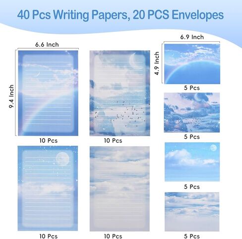 40 Lined Writing Stationery Paper with 20 Envelopes, Beautiful Sky Designs for Writing Letter, Notes, Invitations, 4 Different Style (9.4 x 6.6") in Kuwait