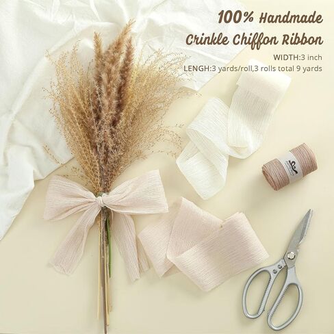 Pretty Jolly Crinkle Chiffon Ribbon for Flower Bouquet 3 Inch White Tulle Ribbon for Gift Wrapping Handmade Silk Ribbon 9 Yards Double Faced Ribbons for Crafts Hair Wedding Invitation Baby Shower in Kuwait