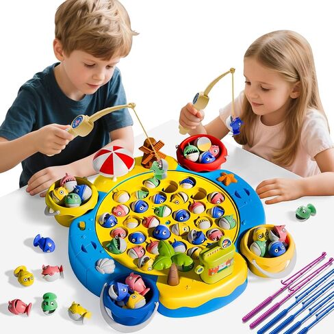 ORANGE OCEAN 66 PCS Magnetic Fishing Game for Kids Boys Ages 3-5 4-6, Kid Magnetic Fishing Toys with 360° Rotation & Sound, Birthday Toys Gifts for 3 4 5 6 Year Old Boys Kids, 1-8 Players in Kuwait