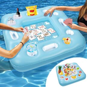 Floating Table for Pool Game, 40 x 40 in Floating Card Table for Pool with Food Drink Holders and Waterproof Playing Cards, Inflatable Floating Pool Table for Adults and Family Party (Blue)