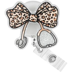 Leopard Bow Nurse Badge Reel Retractable Clip Cute Nursing Student RN LPN CNA MA NP Medical Healthcare Badge Reels for Nurse Gifts Nursing Badge Holder Work Office Alligator Clip Badge Accessories