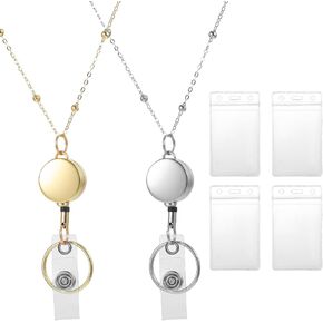 2 Pcs Necklace Badge Holder for Women Zinc Alloy Badge Lanyards with Waterproof ID Card Buckle and Holders Work Necklace Retractable Reel Clip Chain Suitable Teacher Key Bank Cards Gold Silver