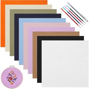 10 Pieces Embroidery Fabric Squares Including 10 Colors Embroidery Cloth 5 Colors Water-Soluble Pens Cross Stitch Fabric Precut Embroidery Cloth Fabric for Embroidery Project and Upholstery Decoration