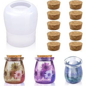 Resin Silicone Jar Mold, Round Jar Epoxy Casting Mold with 10pcs Wooden Lids, Storage Jar Resin Mold for Candle Holder, Perfume Bottle, Jewelry Box