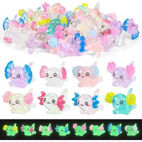 32PCS Mini Luminous Resin Axolotl Figures 8 Colors Glow in The Dark Tiny Axolotl with Flower-shaped External Gills Small Charms Animal Figurine for Garden Micro Dollhouse Aquarium Landscape
