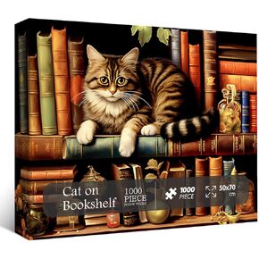 Vintage Cat Puzzles for Adults 1000 Pieces, Funny Kitten Book Jigsaw Puzzles, Retro Cat Bookshelf Animal Puzzle as Kitty Decor