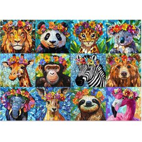 1000 Piece Puzzles for Adults - Colorful Mosaic Wildlife Jigsaw Puzzle, Jungle Animals with Flowers Design Perfect for Family Game Nights