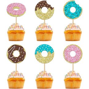 24 PCS Donut Cupcake Toppers, Sweet Theme Cupcake Topper Glitter Donut Decorations for Celebrating Baby Shower Birthday Wedding engagement Party Supplies