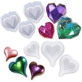 3D Heart Resin Mold, 6 Pcs Deep Heart Shape Epoxy Mold Diamond Heart Silicone Mold for Epoxy Resin Candles Soap