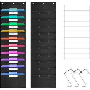 Storage Pocket Chart, 10 Pockets File Organizer Wall Pocket Hanging Wall File Organizer with 10 Nametag Pockets 3 Overdoor Hangers for Magazines, Pens, File Folders in Office and School