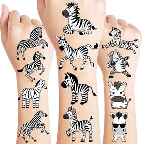 8 Sheets (96PCS) Zebra Temporary Tattoos Jungle Safari Theme Birthday Party Decorations Supplies Stickers for Kids Gifts Classroom School Prizes Rewards