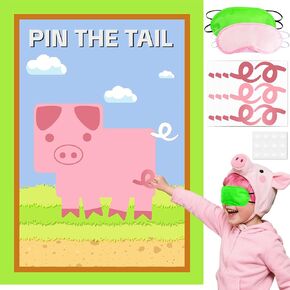 Lidmada Pixel Party Pin The Tail Games, Birthday Party Decorations Pig Poster with 24 Reusable Tail Stickers for Kids Video Game Pinata Decor Supplies- 19.5Inch X27.5Inch