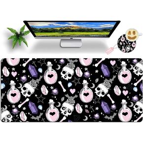 Mouse Pad Large with Coaster, 31.5"x15.7" Skull Goth Magic Cute Witchy Theme Design Full Desk Mousepad Stitched Edges Desk Pad Extended Large Gaming XXL Mouse Pad for Desk Office Home