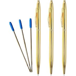 Ballpoint Pen, Slim Gold-plated,1mm, 3 pens black ink+3 blue refills, Stylish fine Writing Pen, luxury Pens for Professionals, Teachers, Students, CEO & Office, Gift, Weddings & Business Meetings