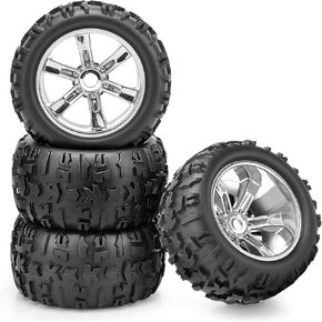 17mm Hex RC Truck Ties and Wheels, daitoku 1/8 Off-Road RC Car Tires Wheels Set with Electroplated Hubs for Traxxas Maxx E-Revo 2.0 3.3 Summit Revo 3.3 Arrma Kraton Outcast 4-6S (Silver)