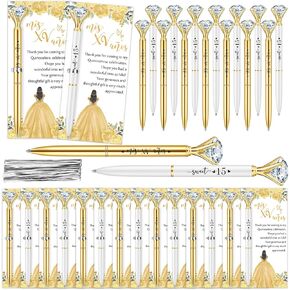50 Set Quinceanera Party Favors for Guest Sweet 15 Diamond Pens Bulk Mis XV Años Fancy Ballpoint Pen with Thank You Cards and Ties 15th Birthday Thank You Gifts(White, Royal Blue)
