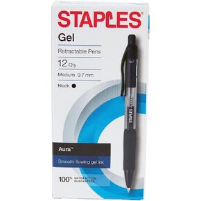 STAPLES Aura Retractable Gel Pens, Medium Point, Black Ink, 36/Carton (29195-CCVS)
