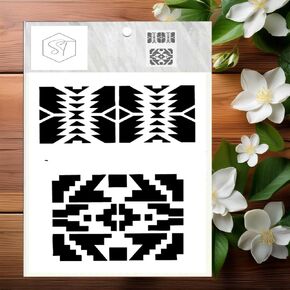 Native Geometric Tribal Pattern Art Reusable Stencil for Painting on Fabric, Canvas, Wood, Clay, Walls, Furniture, DIY, Aztec (Tribal)