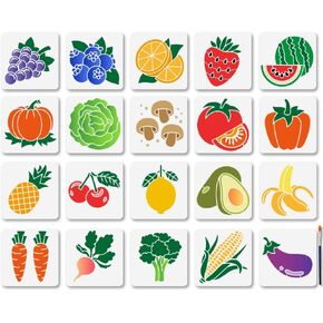 MAYJOYDIY 20 PCS Vegetables Fruits Stencils 5.9x5.9 Inches Tomatoes Grapes Strawberry Reusable Stencils Pumpkin Cabbage Drawing Stencil Templates with Paint Brush for Wood Furniture Wall