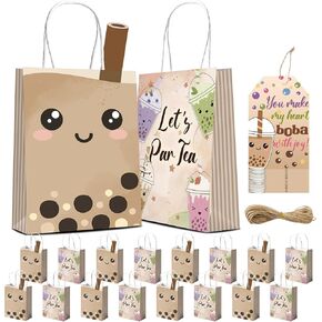 KARAQY 16 Pcs Bubble Par Tea Gift Bag Set, Milk Tea Goodie Treat Bags Party Favor Bags with Thank You Tags for Birthday Tea Party