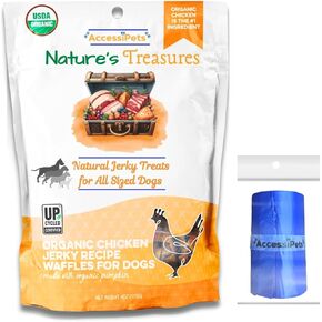 Bundle: Dog Treats Nature’s Treasures Chewy Jerky Treat Bundle for All Sized Dogs with 1 Waste Bag Roll (4 Ounce, Organic Chicken)