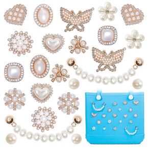 24 Pcs Beach Charms for Bogg Bag, DIY Accessories Flower Love Pearl Chain Charm Cute Decoration Bag Charms for Bogg Bags Rubber Tote Beach Bags for Women