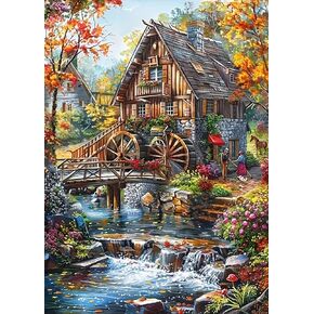 Autumn Farmhouse Bridge Diamond Painting Kits for Adults, 5D Diamond Art Kits for Adults Beginners, DIY Full Round Drill Diamond Dot Painting Gem Art Kits for Adult, Home Wall Decor 11.8x15.7 Inch