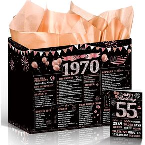Luvsweets 65th Birthday Gift Bag - Rose Gold Back in 1960 Decorations, Happy Birthday Gift Wrap Bag with Card Tissue Paper for 65 Year Old Women, Vintage 65th Party Decor Supplies