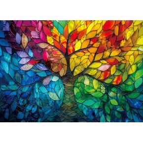 Stained Glass Tree of Life Puzzle for Adults 1000 Pieces, Hard Challenging Tree Jigsaw Puzzle, Colorful Rainbow Mosaic Puzzle