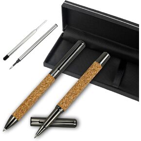 YUNCHUN 2PCS Wheat Straw Pens, Cork Pens with Comfortable Grip, Fancy Pens for Men, Medium Point Ballpoint Pens with Extra Refills, Executive Black Ink Pens, Retractable Recycled Pens, Metallic Gray