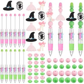 Kosiz 12 Pcs Witch and Princess Party Favors Beadable Pens Bulk Multicolor 4 in 1 DIY Pink and Green Witch Theme Party Gifts for Friends Friendship Matching Back to School Prizes