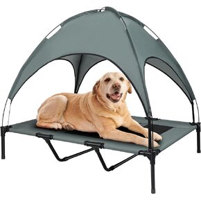 Elevated Dog Bed, Outdoor Dog Bed with Canopy, Raised Dog Cot with Anti-Slip Feet, Breathable Mesh for Indoor & Outdoor Use, Portable Cooling Dog Bed for Dogs Up to 88LBS (XL)