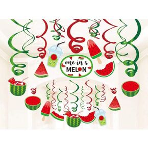 30Ct One In A Melon Watermelon Hanging Swirl Party Decorations - Summer Fruits Birthday Party Supplies Fan Decors