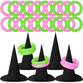 Leitee 25 Pcs Witch Party Favors Pink and Green Party Decorations Ring Toss Games 5 Black Oxford Fabric Wizard Hats with 20 Inflatable Rings for Women Princess Witch Birthday Halloween Decors