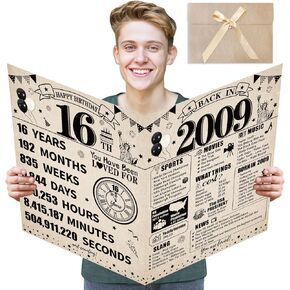 Large Vintage 16th Birthday Card with Envelope for Boys Girls, 2009 Funny Happy 16th Birthday Giant Huge Guest Signature Book Gifts, Big Sweet 16 Greeting Card Decoration Party Supplies