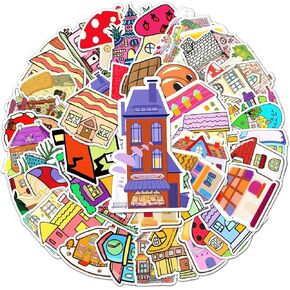 50Pcs Cartoon Houses and Castles Stickers, Vinyl Mushroom Houses Stickers for Water Bottles,Laptops,Phones,Scrapbooking,Journaling, Mug Decals-Perfect Party Favors for Kids,Boys,Girls,Teens