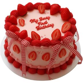 36 Pcs Strawberry Bow Cake Decorations Set Fake Strawberry Cake Topper Red Plaid Ribbon Bows for Birthday Baby Shower Wedding Picnic Party Table Centerpieces Cupcake