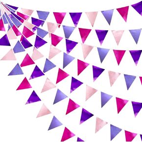 33Ft Iridescent Party Decoration Holographic Fabric Triangle Pennant Banner Flag Cotton Bunting Garland for Birthday Wedding Bridal Shower Bachelorette Engagement Disco Euphoria Galaxy Party Supplies