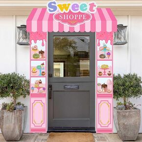 Lofaris 3 Pieces Pink Cute Sweet Shop Banner, Donut Cake Candy Shop Party Decorations, Kids Party Welcome Door Banners Set, Candy Theme Party Supplies for Birthday and Events