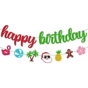 July Christmas Birthday Banner Hawaii Mele Kalikimaka Bday Party Decorations Christmas Tropical Summer Flamingo Pineapple Beach Ball Coconut Tree Hibiscus Flower Gingerbread Man Sign Party Supplies