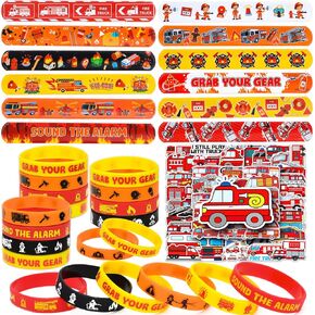 98Pcs Firefighter Party Favors Supplies Kid, Firefighter Slap Bracelets Rubber Silicone Wristbands Fire Truck Stickers Toddler, Fireman Party Supplies Goodie Bag Stuffers Fillers Classroom Reward