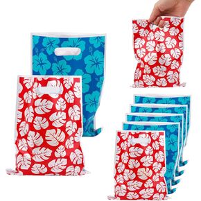 SAVITA 50pcs Hawaii Party Gift Bags, Cartoon Red Blue Treat Goodie Bags with Handle Floral and Leaf Print Snack Pouches for Boys Girls Kids Friends Birthday Tropical Island Theme Candy Favor Supplies