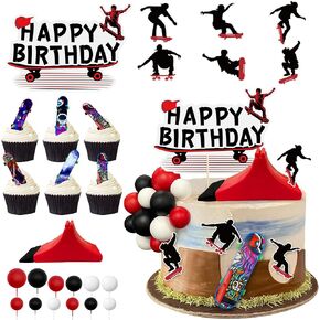 30pcs Skateboard Cake Topper Decoration Includes Mini Skateboard Happy Birthday Card Themed Card and Decorative Ball - Sports Birthday Party Supplies Themed Cake Decoration