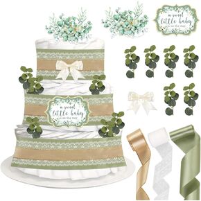 Baby Shower Greenery Diaper Cake Decorations, Birthday Party Diaper Cake Supplies Sage Green Gold, Include Ribbon, Bow Tie, Cake Toppers, Artificial Leaf(Diaper Not Included)